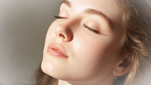 Adult woman relaxing with closed eyes, dewy skin and soft-light closeup beauty portrait