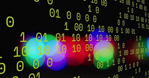 Glowing yellow binary code floating over colorful bokeh lights, digital data matrix grid