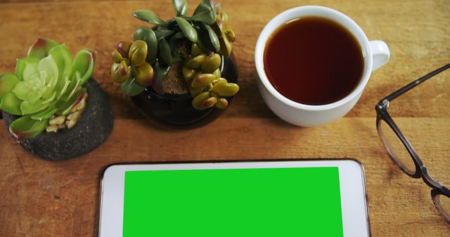 Tablet with green screen near coffee cup and succulents on wooden table - Download Free Stock Images Pikwizard.com