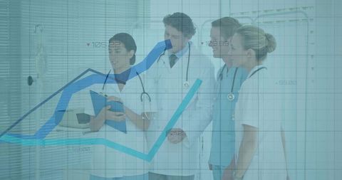 Medical Team Analyzing Data with Graph Overlay in Clinical Environment