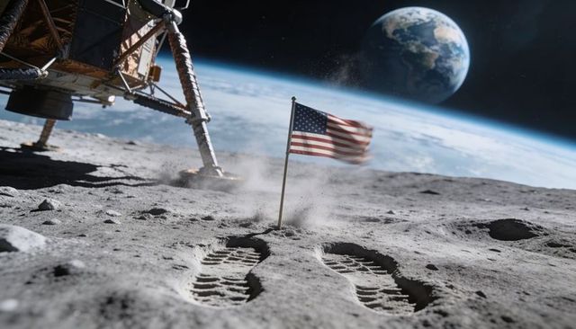 American Flag Planting on Moon with Lander Leg, Boot Prints and Earthrise Backdrop
