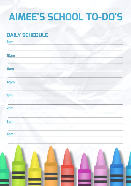 Colorful daily school schedule template designed with crayon graphics at the bottom. Ideal for helping kids organize their school tasks, homework, and activities throughout the day. Useful for parents, teachers, or students to keep track of daily schedules and plan educational routines effectively.