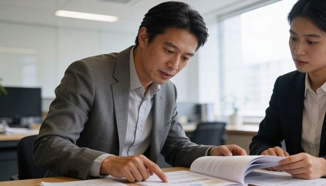 Executive duo reviewing financial reports and charts, collaborating on strategy in modern office