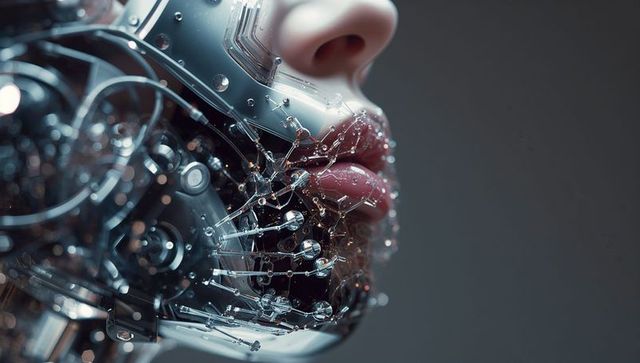 Female android merging realistic lips with transparent polymer facial casing