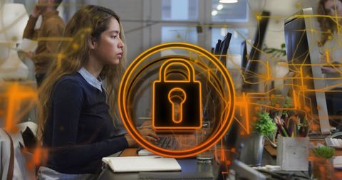 Businesswoman in office with cybersecurity lock overlay