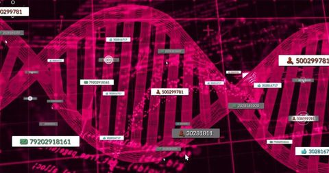 Magenta dna helix visualizing genomic data on neon analytics dashboard interface