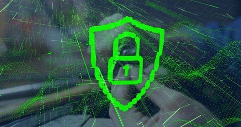 Green holographic shield with padlock protecting smartphone user cybersecurity concept