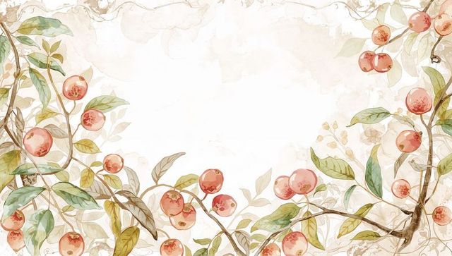 Framing watercolor botanical border with pink fruit branches and green leaves on warm paper