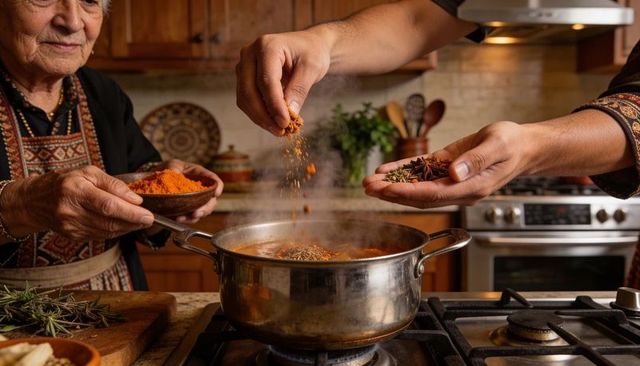 Grandmother and family member adding spices to simmering pot in kitchen sharing recipe
