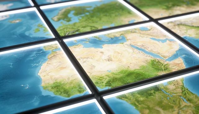 Backlit topographic map tiles showing north africa and arabian peninsula exhibit