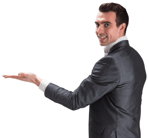 Businessman in Suit Presenting with His Hand on Transparent Background