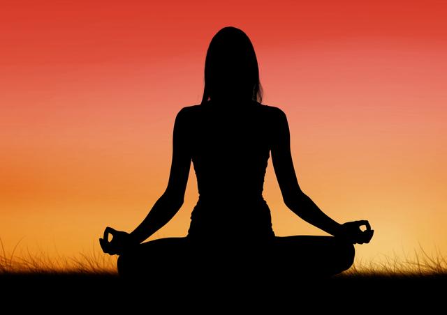 Silhouette of a woman sitting cross-legged on grass, meditating at sunset. Ideal for use in wellness, mindfulness, and fitness content. Perfect for promoting relaxation, spiritual practices, and outdoor activities. Can be used in blogs, websites, and social media posts related to yoga, meditation, and healthy living.