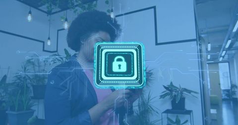 Professional woman holding smartphone checking holographic padlock ui in modern office