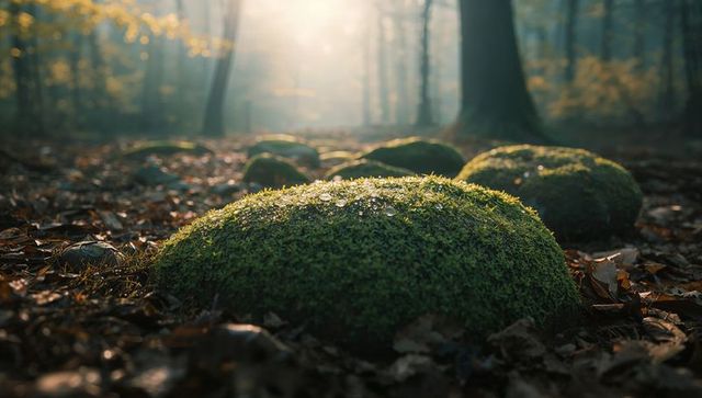 Serene Woodland Scene with Moss-Covered Boulder in Sunlight