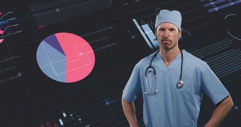 Doctor Analyzing Global Health Statistics and Digital Data