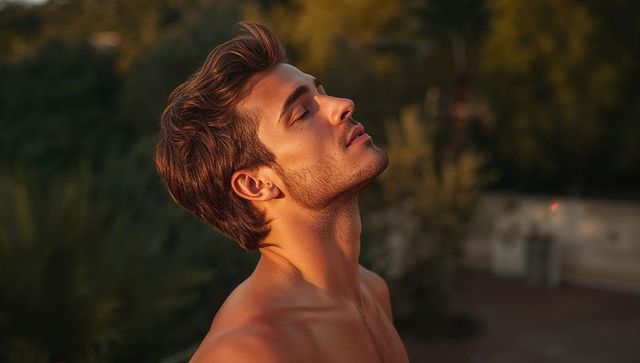 Barechested man enjoying golden hour sunlight on rooftop terrace, eyes closed