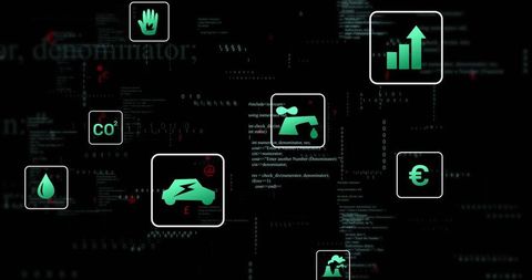 Green electric car icon hovering on dark UI dashboard with sustainability metrics