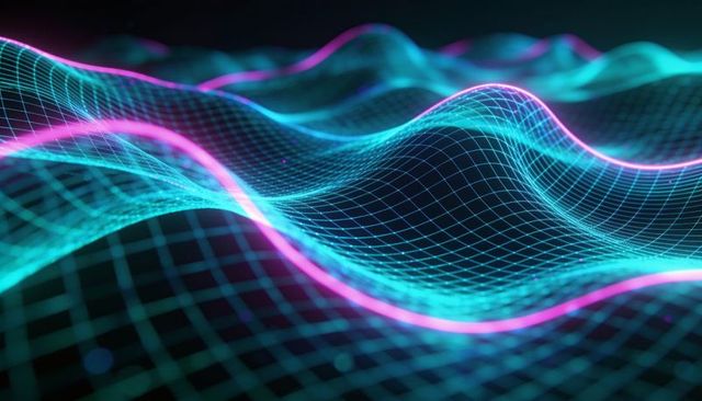 Dynamic neon wireframe waves flowing in virtual grid with magenta ridges and teal mesh