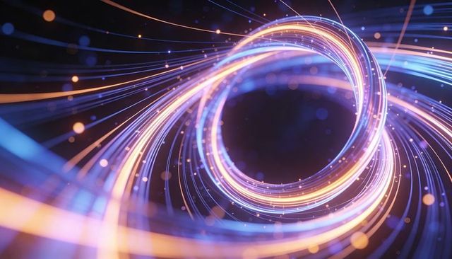 Neon light vortex torus loop with glowing particle trails for futuristic technology