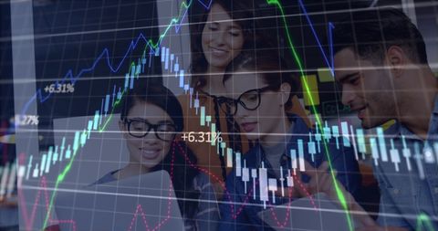 Diverse Team Discussions Amid Financial Data Analysis Background