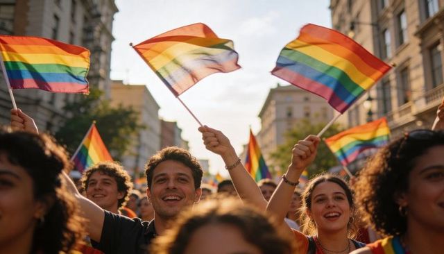 Crowd celebrating pride parade waving rainbow flags on sunny city street