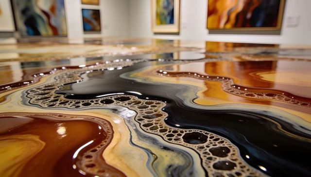 Glossy poured-resin floor installation with flowing abstract cells, bubbles and gloss