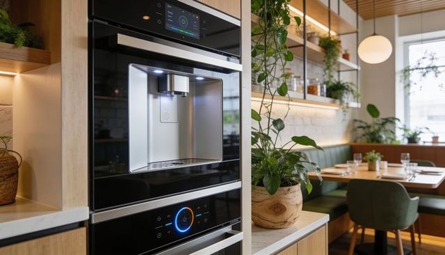 Built-in espresso machine brewing in modern kitchen nook with green banquette and plants