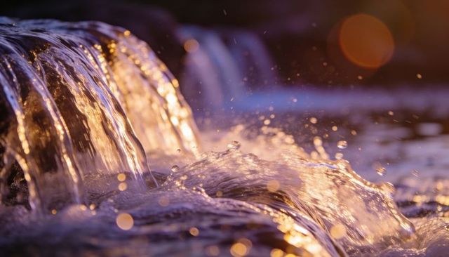 Golden sunset close-up of cascading stream waterfall with sparkling splashes and bokeh