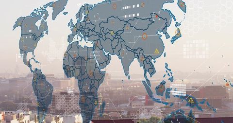 Global data visualization overlay on industrial harbor skyline with network markers