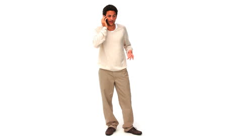 Casual Man End Phone Call on White Background