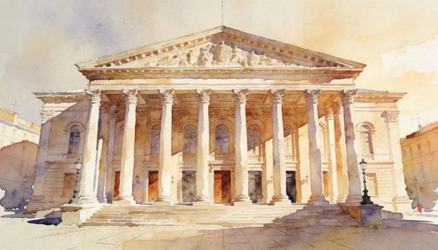 Neoclassical portico glowing in warm watercolor, grand colonnade and stone staircase