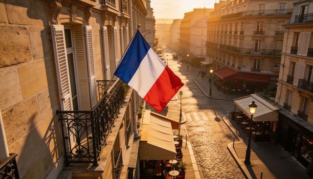 French flag waving from paris balcony over golden-hour cobblestone street