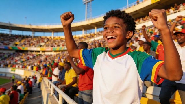 Cheering young boy celebrating victory in stadium among colorful fans