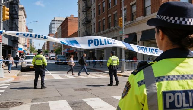 Police officers blocking downtown street wearing high-visibility jackets and police tape