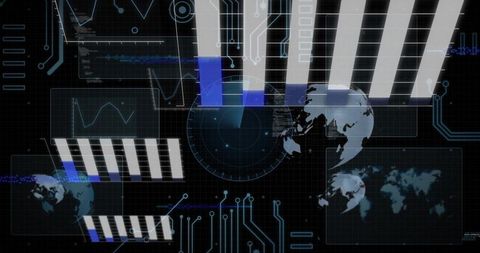 Futuristic HUD Data Cluster with Global Radar, Circuit Interface and Analytics Bars
