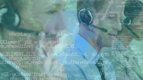 Team of Customer Service Executives with Code and Globe Overlay