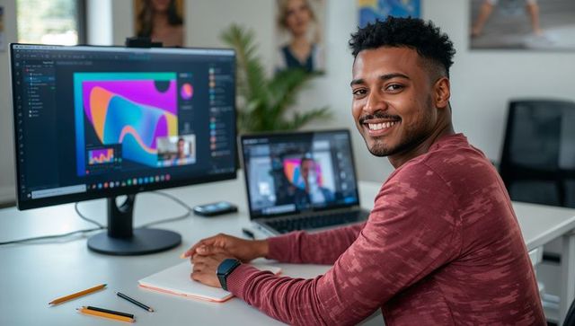 Smiling Designer Working at Modern Home Office with Dual Monitors, Notebook, Smartwatch