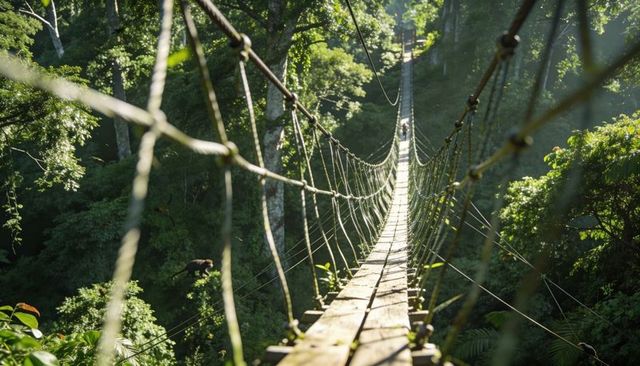 Backpacking hiker crossing narrow suspension bridge above tropical canopy with monkey