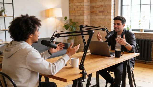 Two hosts recording conversational podcast in warm loft studio with laptop, mics, coffee