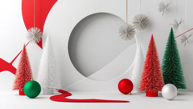 Modern Holiday Display with Festive Decor and Bottle Brush Trees