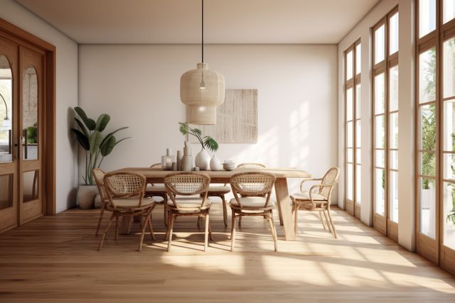 Dining room interior with table, plants and decorations created using generative ai technology. Boho, furniture, style, design and interior decoration concept digitally generated image.