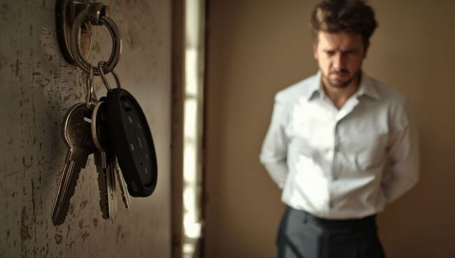Keys Hanging on Door Hook with Blurred Man Indoors