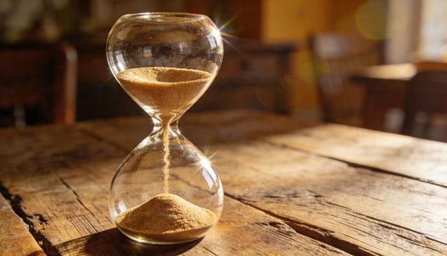 Sunlit hourglass on rustic wooden table measuring flow of golden sand