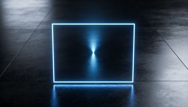 Cyan Neon Rectangular Frame Emitting Glowing Cone Reflection on Dark Tile Floor