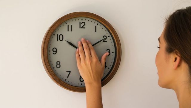 Woman adjusting wall clock hands on wooden frame minimal interior time management