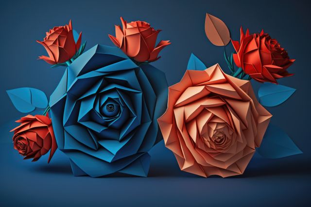 Vibrant and intricately designed origami roses in blue and orange hues are arranged with paper leaves on a dark blue background. Perfect for use in creative projects, design inspiration, art blogs, or decor prints, highlighting the beauty of handmade crafts and artistic expression.