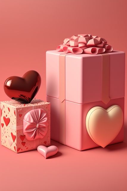 Pink and red presents and hearts on pink background, created using generative ai technology. Valentines day and celebration concept digitally generated image.