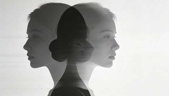 Monochrome double exposure portrait portraying duality silhouette of woman in profile