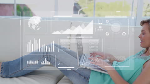 Businesswoman Analyzing Data on Laptop with Virtual Interface