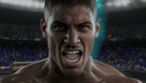 Shouting shirtless fighter roaring in stadium with cyan glitch and sweat-soaked intensity